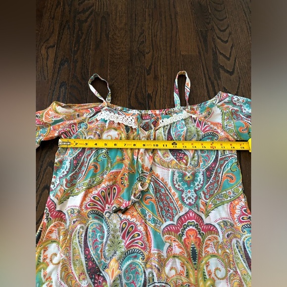 SPENSE Women’s S Orange Boho Paisley Off-The-Shoulder Puffed Sleeved V-Neck Top - Picture 8 of 11